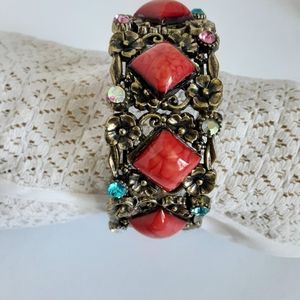 Vintage Cuff Bracelet Rhinestones & Coral Colour Cobochons Boho Fashion Jewels